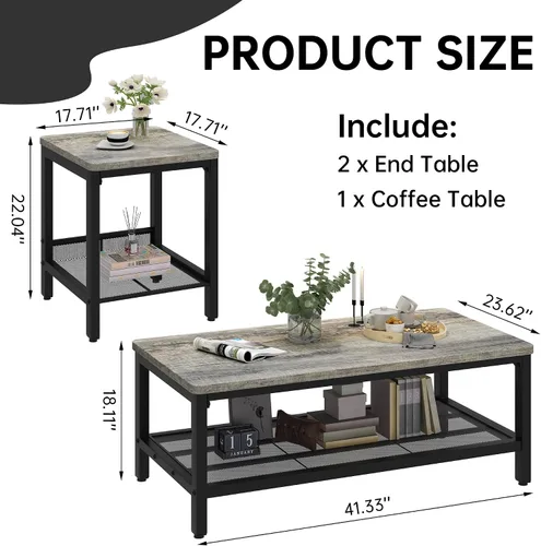 furlinkhm Juego de 3 mesas de café, mesa de café industrial con 2 mesas auxiliares cuadradas, juego de mesas modernas para sala de estar, con Gris