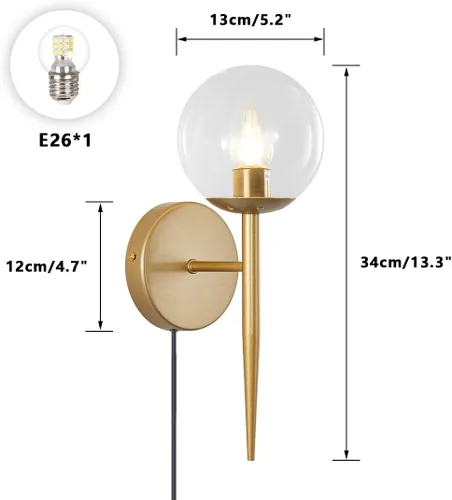 Miniatura 2 de BOKT Juego de 2 apliques de pared dorados cepillados, con cable enchufable, moderno de mediados de siglo, apliques de pared con forma de globo
