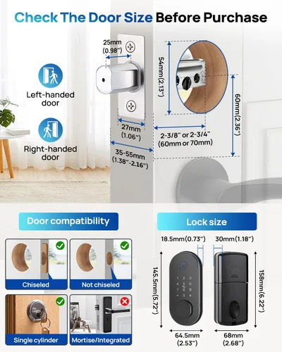 Miniatura 7 de Cerradura de puerta inteligente con huella digital sin llave, cerradura de puerta de entrada con control de aplicación, bloqueo automático, teclado