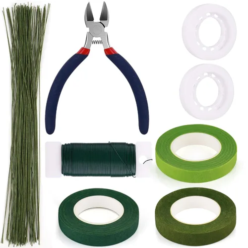 Kit de arreglos florales GLAMFIELDS con cortador, 5 rollos de cintas florales de 1/2" de ancho, 100 piezas de alambre floral de calibre 26, 1 rollo