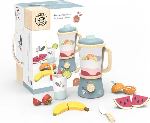SPEEDY MONKEY Juego de licuadora para hacer batidos de juguete - Juego de licuadora de alimentos de madera FSC para niños, juguete de cocina de
