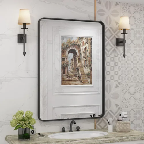 Miniatura 19 de Paquete de 2 espejos de baño con marco de metal negro de 22 x 30 pulgadas, espejo rectangular redondeado negro mate, antioxidante, se cuelga