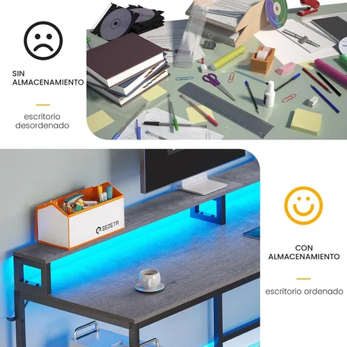 Miniatura 7 de SEDETA Escritorio en forma de L, escritorio de oficina en casa de 66 pulgadas con cajón de archivos de madera y toma de corriente, escritorio de Gris