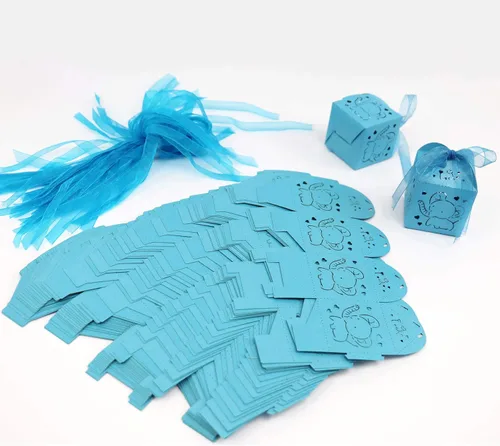 Miniatura 6 de Kslong Cajas azules de recuerdo de baby shower, 50 cajas de recuerdo de elefante para bebé niño, cajas de dulces cortadas con láser con cinta