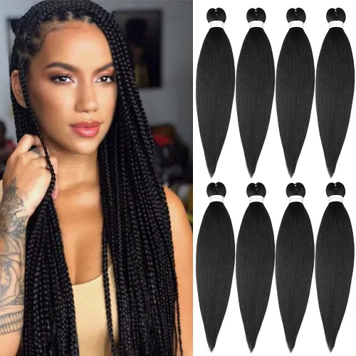 Cabello trenzado preestirado negro natural, cabello largo trenzado de 32 pulgadas, 8 paquetes de extensiones de cabello trenzado profesional de