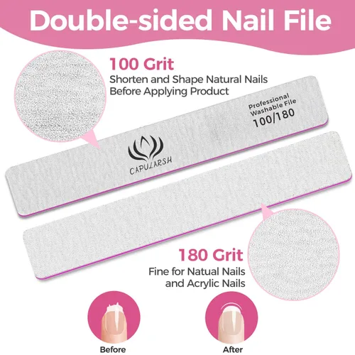 Miniatura 2 de 18 limas de uñas acrílicas – Capularsh 100/180 Grit Professional Double Side Emery Boards, lima de uñas gruesas reutilizables para inmersión de gel