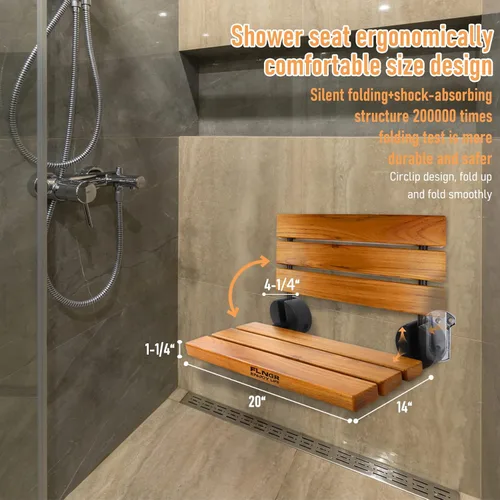 Miniatura 3 de Asiento de ducha plegable de teca de 20 pulgadas montado en la pared, banco de ducha plegable para espacio de ducha pequeño, taburete de madera