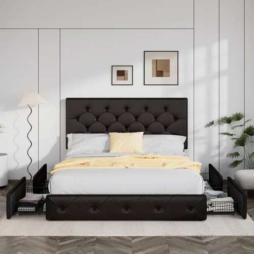Miniatura 3 de Allewie - Base de cama tapizada con plataforma de tamaño Queen, con 4 cajones de almacenamiento y cabecera, botones cosidos en forma de diamante