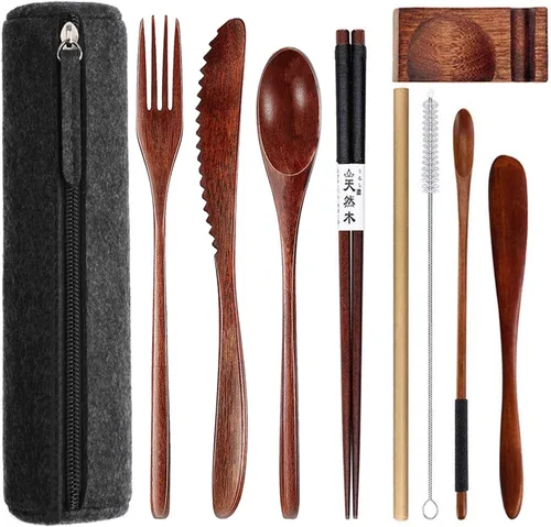 Miniatura 12 de Utensilios de madera reutilizables para comer, 8 piezas de cucharas de madera de viaje, tenedores, palillos, juego de cubiertos con estuche