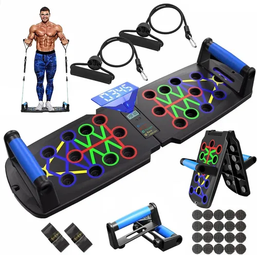 Push Up Board with Counter, Foldable Home Workout Equipment for Men, Portable Pushup Board for Chest, Shoulders, Back & Triceps Training Negro/Azul