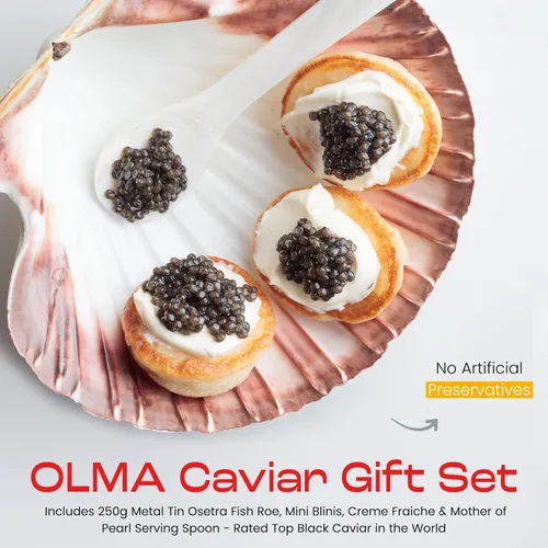 Miniatura 2 de OLMA Osetra - Juego de regalo de caviar – Incluye 8.82 oz de estaño de metal de huevas de pescado Osetra, Mini Blinis, Creme Fraiche y cuchara