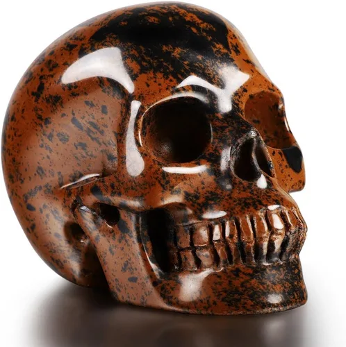 Skullis Calavera de cristal de obsidiana de caoba de 3.0 pulgadas. Escultura de arte fino de piedra preciosa tallada a mano, estatua de piedra