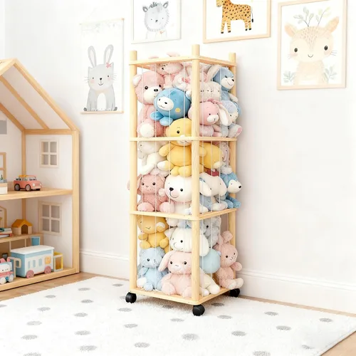 Miniatura 2 de Almacenamiento de Zoológico de Animales de Peluche - Organizador de Juguetes de Madera Maciza Resistente con Ruedas Bloqueables, Fácil