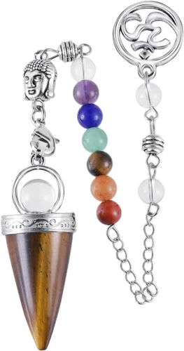 TUMBEELLUWA Péndulo de punta de cristal para adivinación de radiestesia, colgante de piedra de cono con 7 cuentas de Buda de chakras para Wicca,