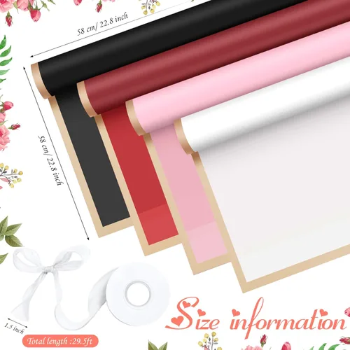 Miniatura 2 de Fainne 40 piezas de papel de regalo de ramo de flores para el día de la madre, papel de regalo floral impermeable con borde dorado, ramo floral