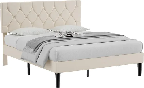Miniatura 8 de VECELO Base de cama tamaño completo con cabecera capitoné con botones, plataforma tapizada con soporte de listones de madera, no necesita somier
