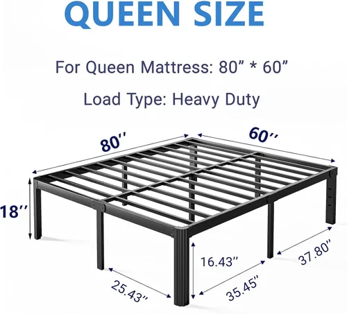 Miniatura 3 de Base de cama con plataforma alta de 18 pulgadas Nordicbed tamaño Queen, no requiere somier, base de cama metálica tamaño Queen, libre de ruidos