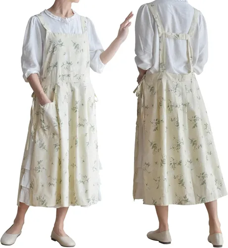Miniatura 11 de Pinafore - Delantal, de lino y algodón japonés, con espalda cruzada para mujer, con bolsillos, vestido con lazos en la cintura (negro)
