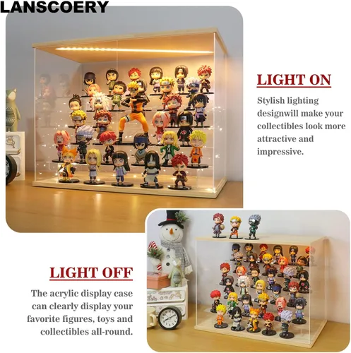 Miniatura 8 de LANSCOERY Vitrina de exhibición acrílica con luz LED, caja de exhibición de 6 niveles para coleccionables y figuras de acción, organizador Madera