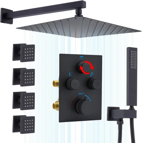 Sistema de ducha de lluvia, cabezal de ducha de lluvia montado en la pared de 12 pulgadas con chorros corporales y ducha de mano, juego de grifo de