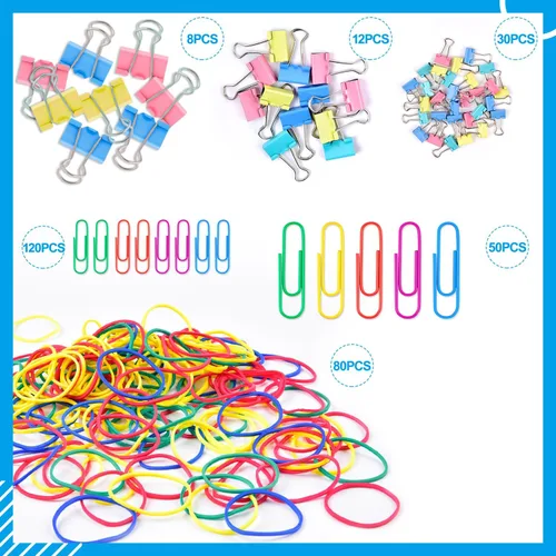 Miniatura 2 de Sopito - Clips para papel, 300 clips de papel, varios tamaños (S/M/L) y bandas de goma, juego de suministros de oficina de colores, suministros