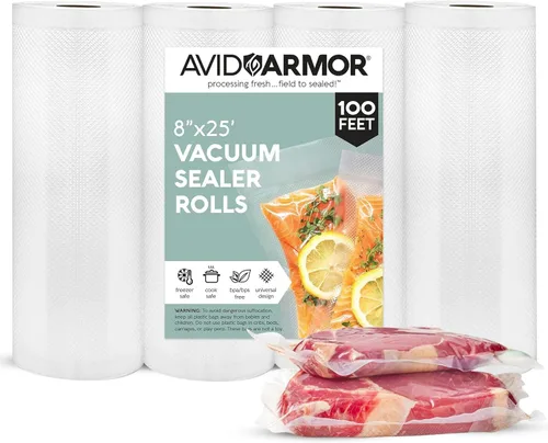 Avid Armor Bolsas selladoras al vacío, paquete de 4, 8 x 25 rollos, bolsas de sellado al vacío sin BPA para almacenamiento de alimentos, preparación