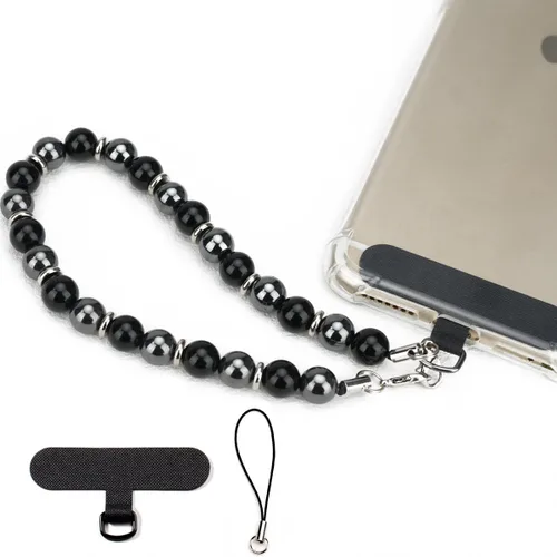 VICHUNHO Correa de muñeca con cuentas de mármol para teléfono, cordón para celular con pestaña de sujeción, pulsera de muñeca manos libres Negro