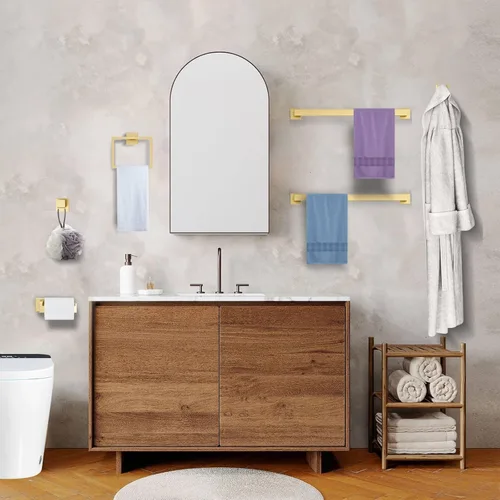 Miniatura 7 de Juego de accesorios de baño de 10 piezas en oro cepillado Juego de barra de toallas doradas, toallero/estante para baño, juego de accesorios de baño