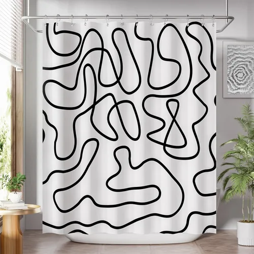 AmazerBath - Cortina de ducha, juego de cortinas de tela lavable en negro y blanco con 12 ganchos de cortina de metal, cortinas de ducha de tela de