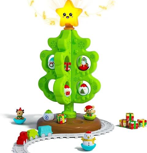 Mi Primer Árbol de Navidad para Niños Pequeños, Juguete Decorativo Montessori Musical con Luces y Adornos, Mini Juego de Tren, Juguetes Roly Poly,