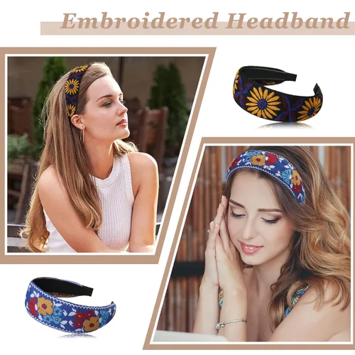 Miniatura 5 de Geosar Paquete de 9 diademas bordadas bohemias para mujer, bohemia, floral, hechas a mano, anchas, estilo étnico, estilo étnico, turbante
