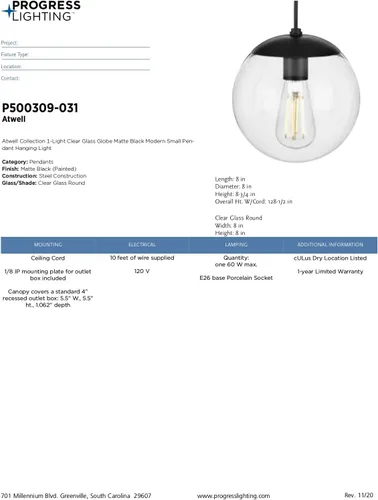 Miniatura 13 de Progress Lighting Atwell Collection - Lámpara colgante colgante moderna con forma de globo de cristal transparente de bronce cepillado
