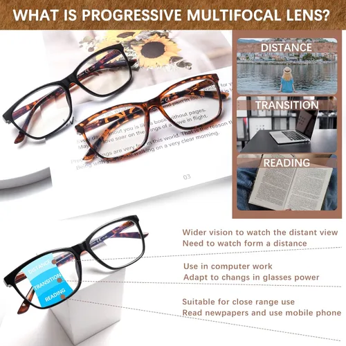 Miniatura 4 de COJWIS Progressive Multifocus Reading Glasses Blue Light Blocking for Women Men Spring Hinge Computer Readers