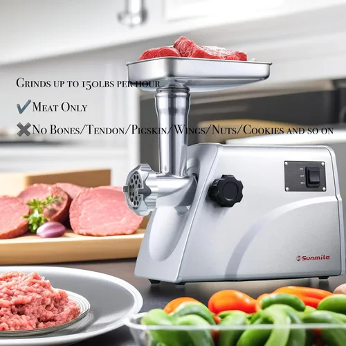 Miniatura 5 de Sunmile SM-G33 ETL picadora de carne eléctrica de acero inoxidable de 1HP 800W Max - Hoja de acero inoxidable y 3 placas de molienda, 3 tipos