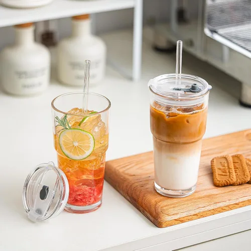 Miniatura 7 de SoulTimes Vaso de vidrio de 20 onzas con tapa y popote de vidrio – Juego de 2 vasos transparentes reutilizables para café helado, vaso para café