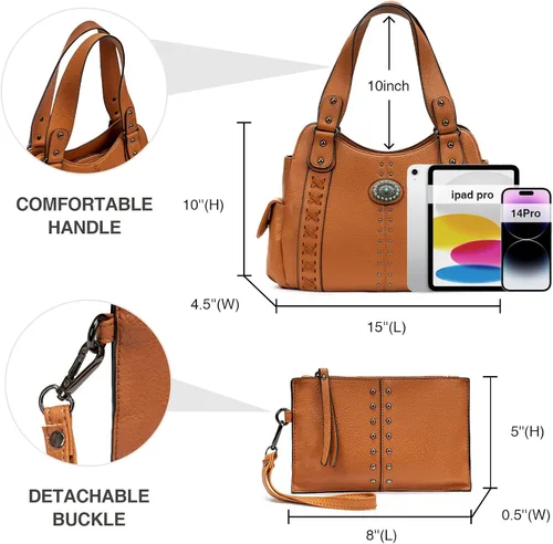 Miniatura 5 de Bolso de mano para mujer grande, bolso western, damas con asa superior, bolsos de hombro vintage con conchas grabadas y tachuelas