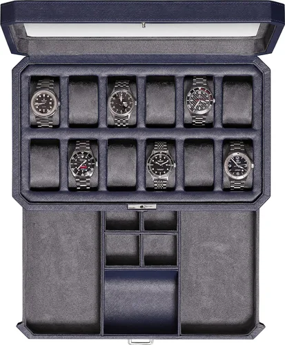ROTHWELL Caja de reloj de cuero con 12 ranuras con cajón de valet, organizador de exhibición de lujo de 12 ranuras, forro de microgamuza, soporte