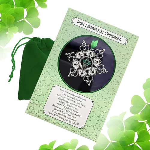 Miniatura 8 de Adorno de Navidad irlandés – Claddagh – Copo de nieve irlandés – Filigrana de metal y joyas – Bolsa de almacenamiento de regalo incluida mide 3 x 3