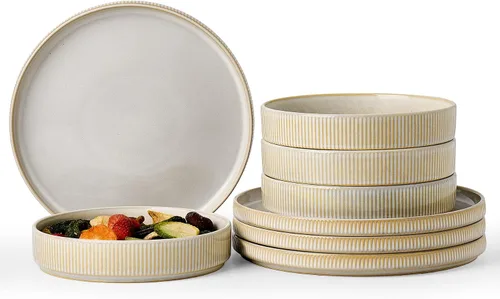 Miniatura 26 de Famiware Star - Juego de vajilla de cerámica de 8 piezas para 4 platos llanos planos de 10.5 pulgadas y cuencos profundos para cereales de 23 onzas