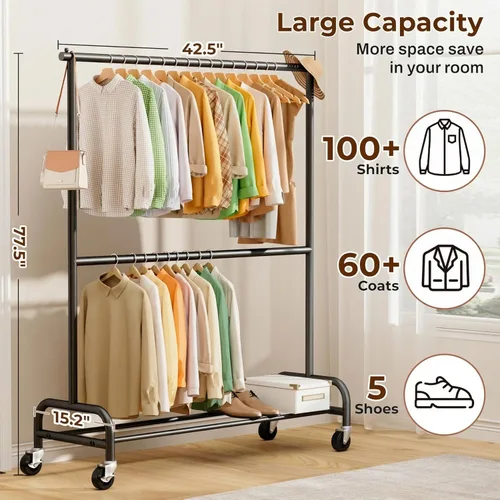 Miniatura 4 de MISSLO Perchero resistente para colgar ropa, perchero con ruedas para abrigo, ropa, negro mate (doble varilla)