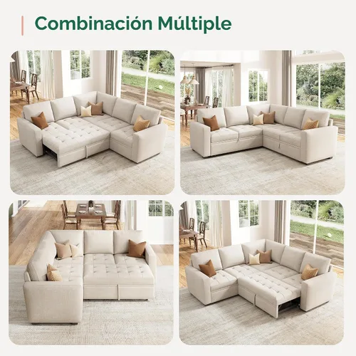 Miniatura 6 de HONBAY Sofá cama modular modular con cama extraíble, sofá en forma de L con asiento de almacenamiento, sofás seccionales para sala de estar, beige