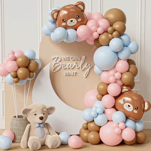 Kit de arco de guirnalda de globos de oso, 121 piezas, globos metalizados de oso para revelación del sexo del bebé, color azul y rosa y de oso, para