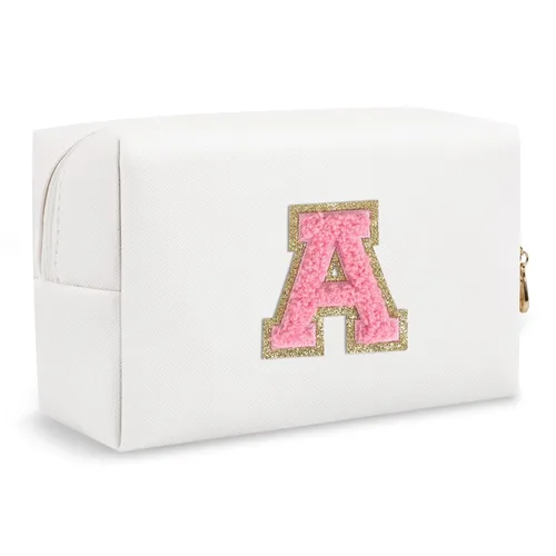 Miniatura 119 de Pequeña bolsa de maquillaje personalizada con inicial A-Z Preppy Patch, bolsa de cosméticos de viaje de felpilla blanca con cremallera, bonita bolsa