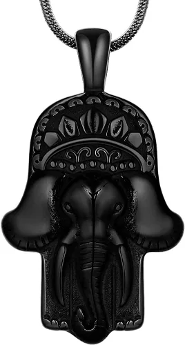 Hamsa - Collar de mano para hombre, acero inoxidable 316L, colgante de mano de Fátima, chapado en oro de 18 quilates, color negro y pistola, amuleto