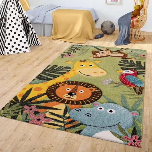 Alfombra para niños Paco Home con animales felices del jungle en verde, Tamaño: 2,01 x 2,89 metros (6'7" x 9'6")