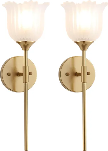 BYOLIIMA Juego de 2 apliques de pared dorados con pantallas de vidrio esmerilado, luminarias modernas de pared para tocador de baño de mediados de