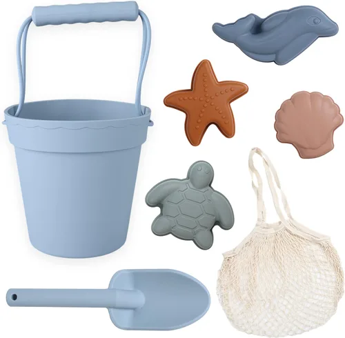 Miniatura 13 de BLUE GINKGO Juguetes de playa de silicona - Bebé moderno Juego de juguetes para viajes Cubo de silicona, pala, 4 moldes de arena, bolsa de playa