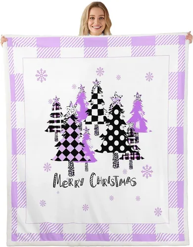 Miniatura 17 de Manfei Manta de Navidad con árbol de Navidad, muñeco de nieve, copo de nieve, para decoración de habitación de niños y niños, manta de rayas blancas