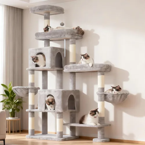 Miniatura 11 de Hey-brother - Árbol rascador para gatos con torre, postes rascadores con parte extendida, plataformas anchas, acogedores condominios, hamacas