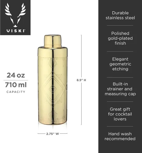 Miniatura 3 de Viski Art Deco - Coctelera de acero inoxidable grabada de 24 onzas con colador y acabado dorado